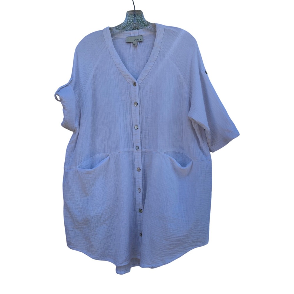 Pinch White Gauze Button Down Shirt Roll Tab Sleeve Oversized Pocket Top Small